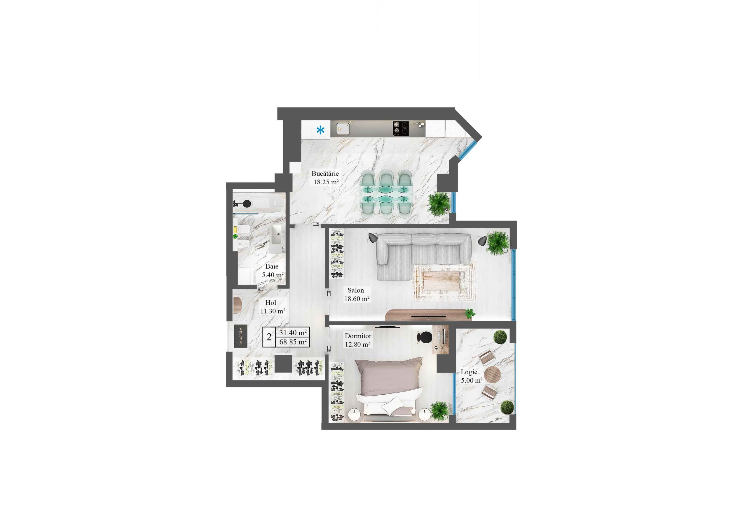Apartamente 68.85 m²