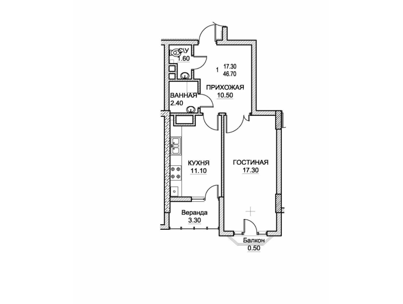 1 cameră 46.7 m²
