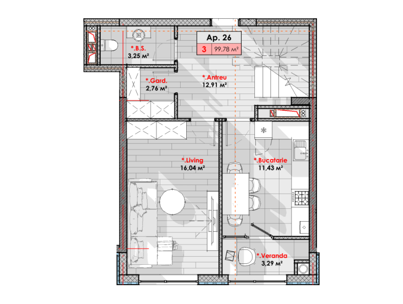 3 camere 99.78 m²