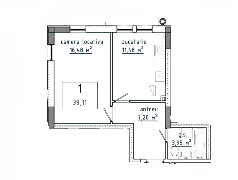 Planimetrie · 1 cameră · 39.11 m²