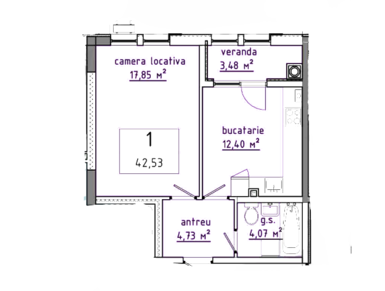 1 cameră 42.53 m²