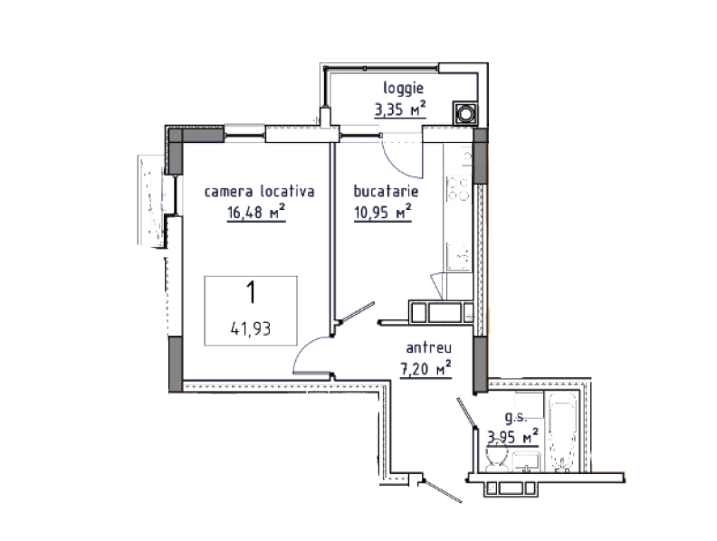 1 cameră 41.93 m²