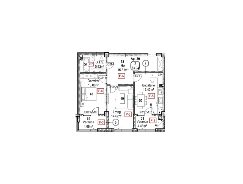 Planimetrie · 2 camere · 73.94 m²