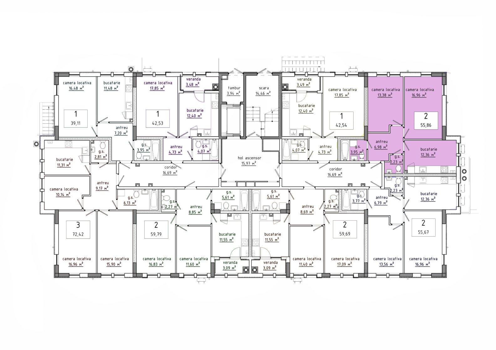 Amplasare pe etaj · 2 camere · 55.86 m²