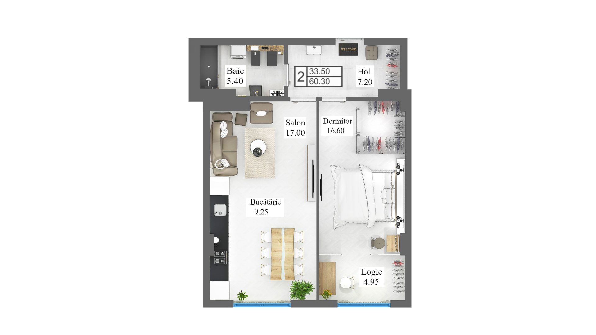 Apartamente 60.3 m²