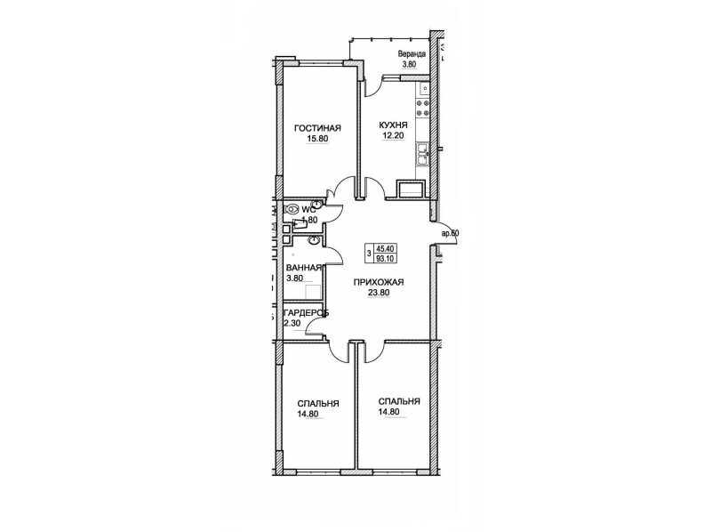 3 camere 93.1 m²