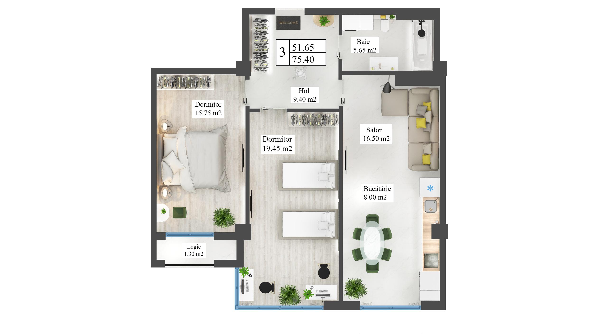 Apartamente 75.4 m²
