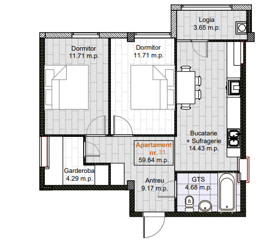 Planimetrie · 1 cameră · 54.57 m²