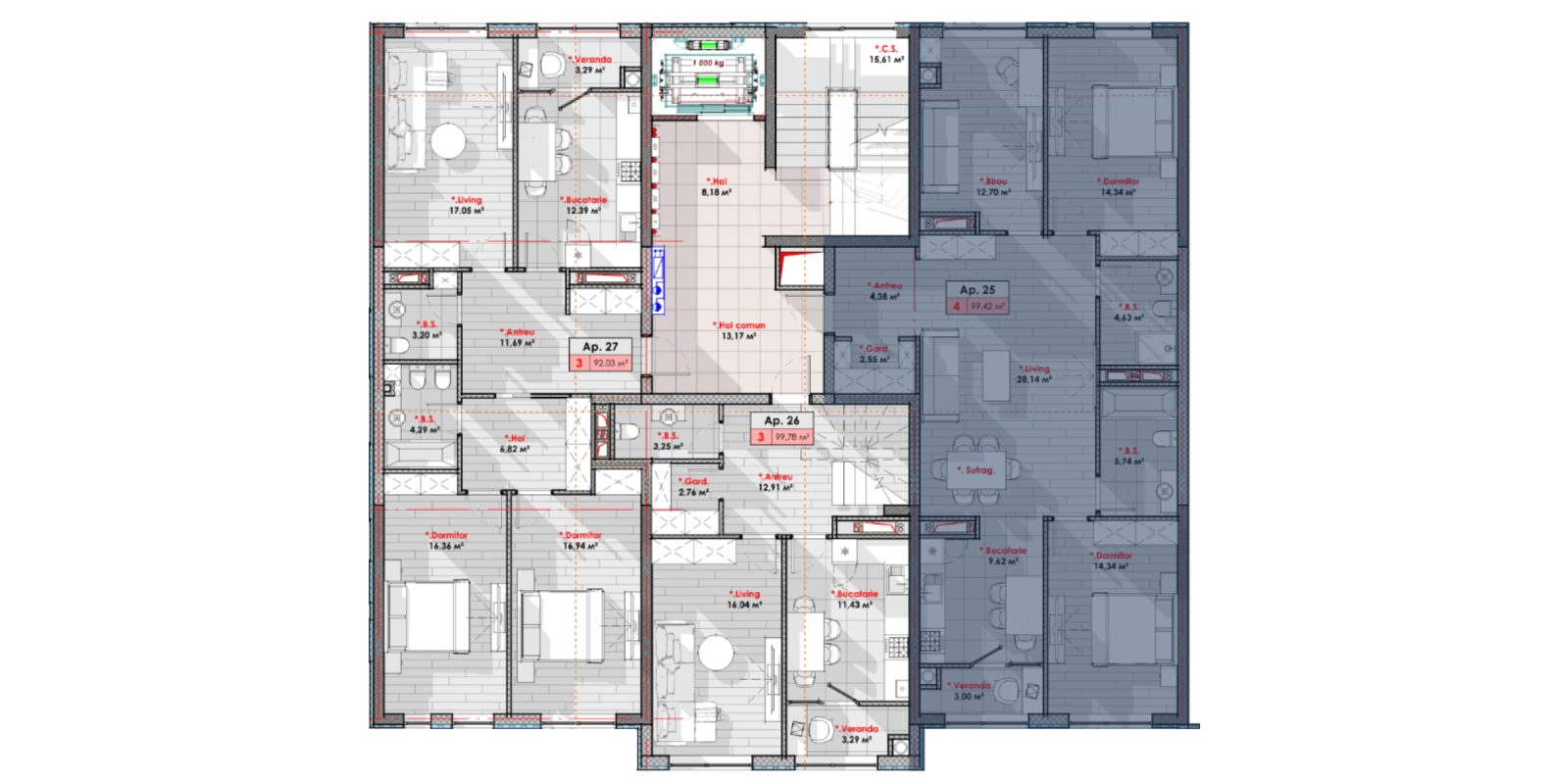 Amplasare pe etaj · 4 camere · 99.42 m²