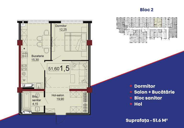 Apartamente 51.6 m²