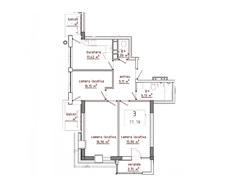 3 camere 77.78 m²