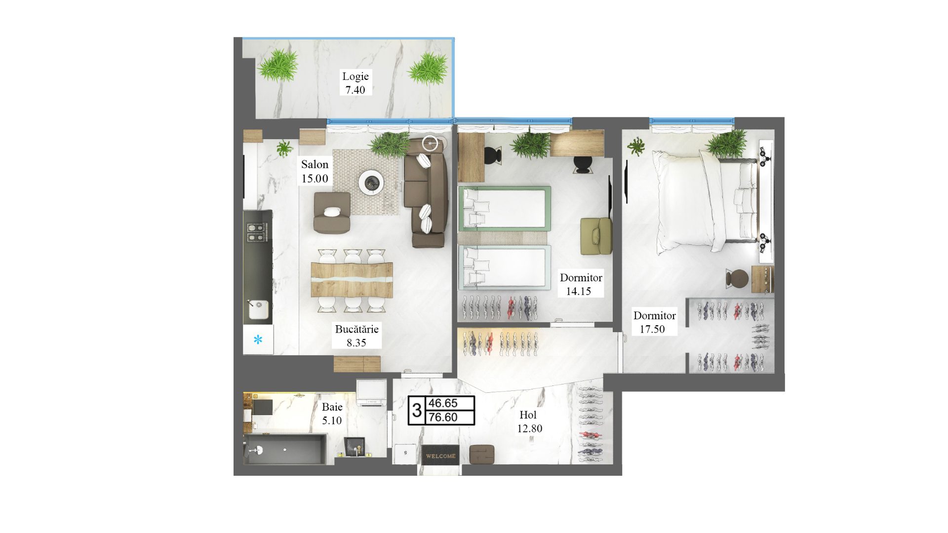 Apartamente 76.6 m²