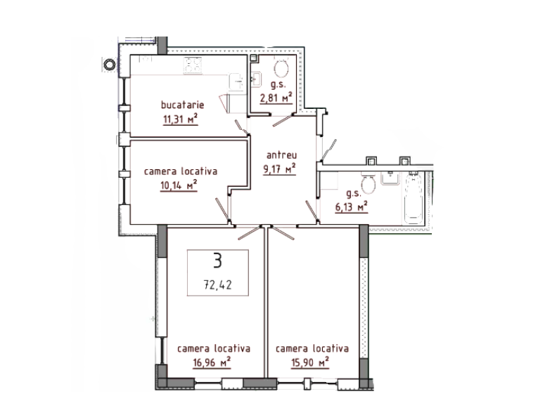 3 camere 72.42 m²