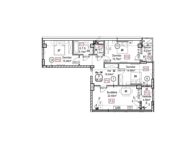 Planimetrie · 3 camere · 96.42 m²