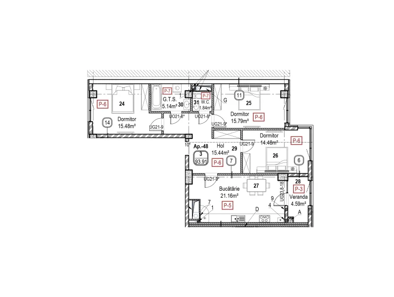 Planimetrie · 3 camere · 93.91 m²