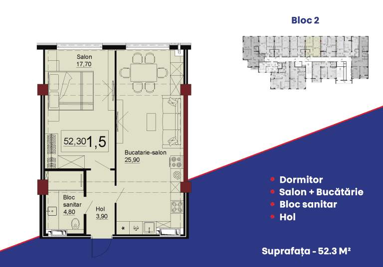 Apartamente 52.3 m²
