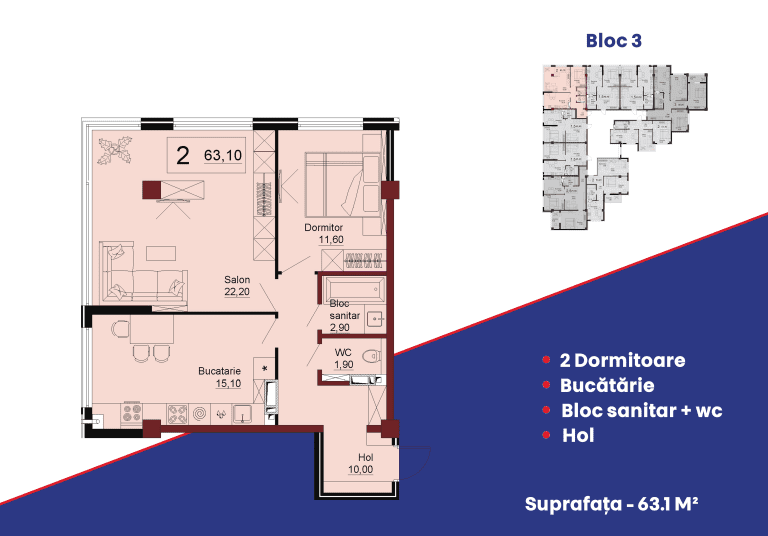 Apartamente 63.1 m²