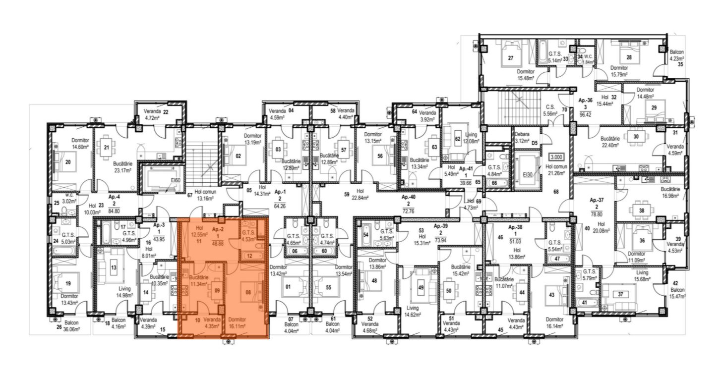 Amplasare pe etaj · 1 cameră · 48.88 m²