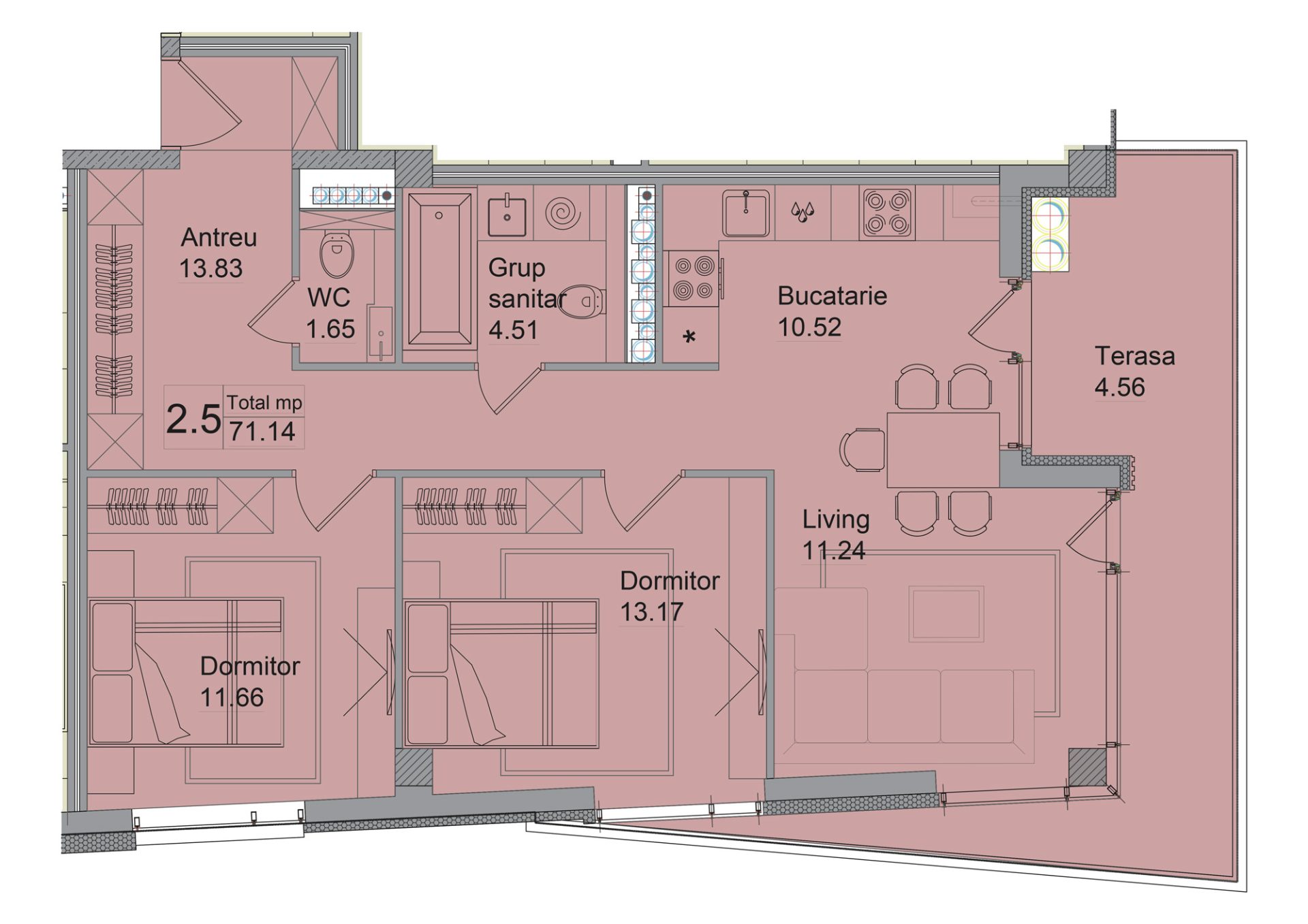 Apartamente 71.14 m²
