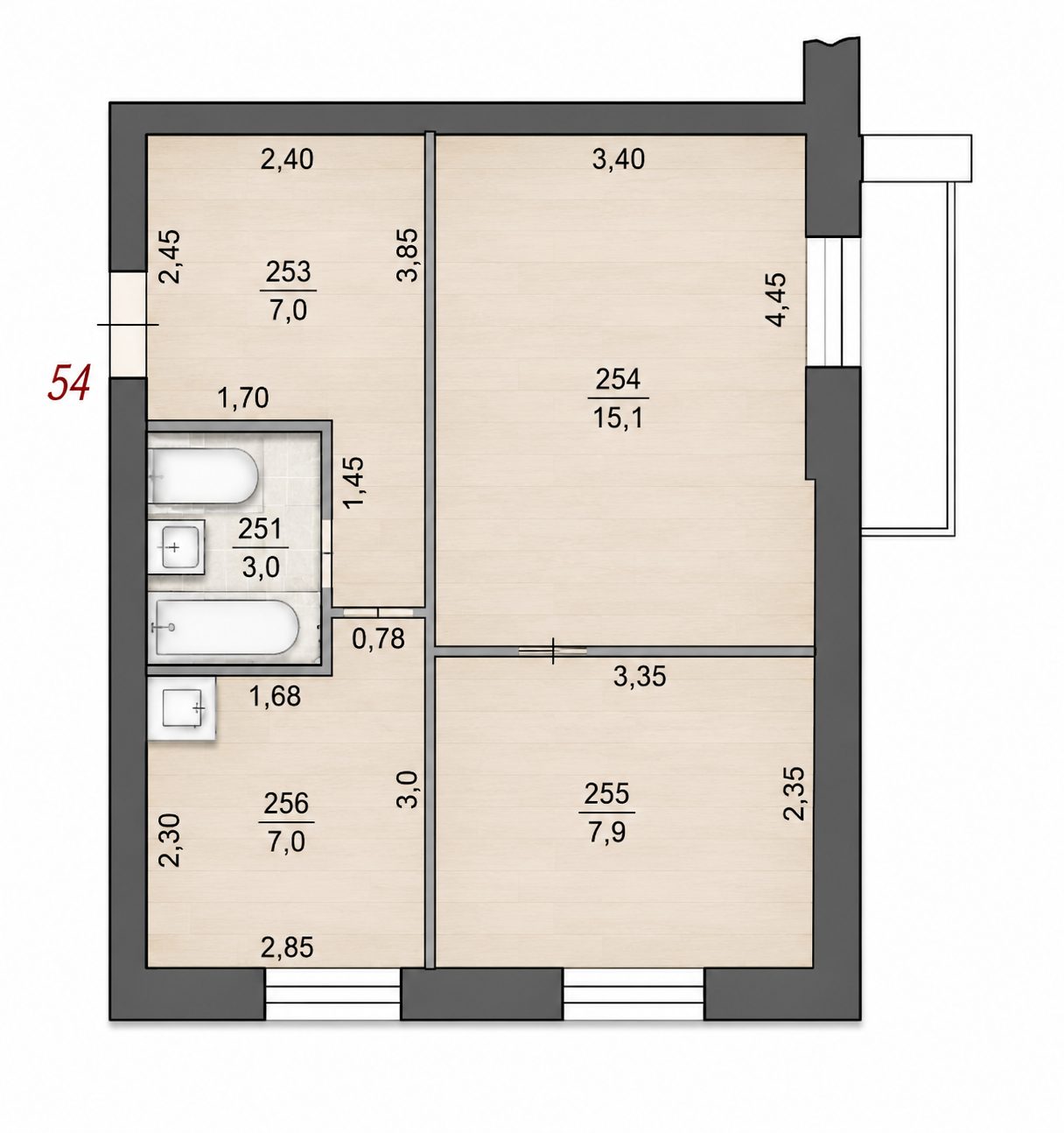 Apartament cu 2 camere, 45 m², Orhei