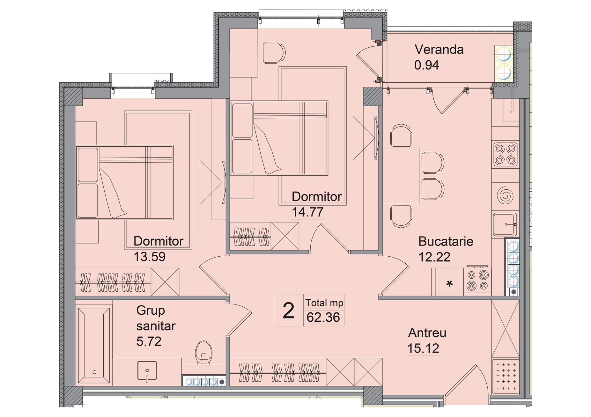 Apartamente 62.36 m²