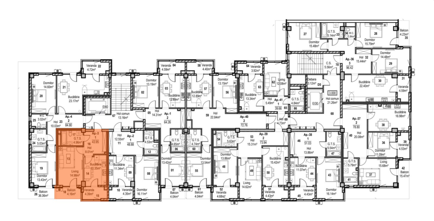 Amplasare pe etaj · 1 cameră · 43.95 m²