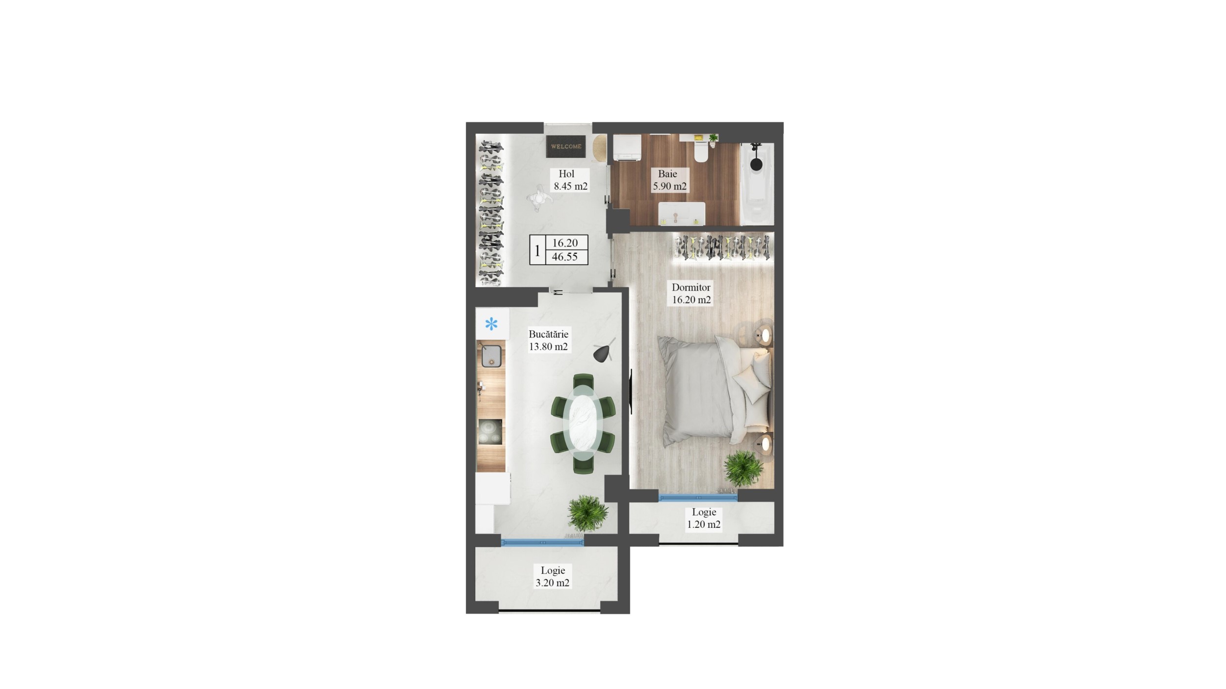 Apartamente 46.55 m²