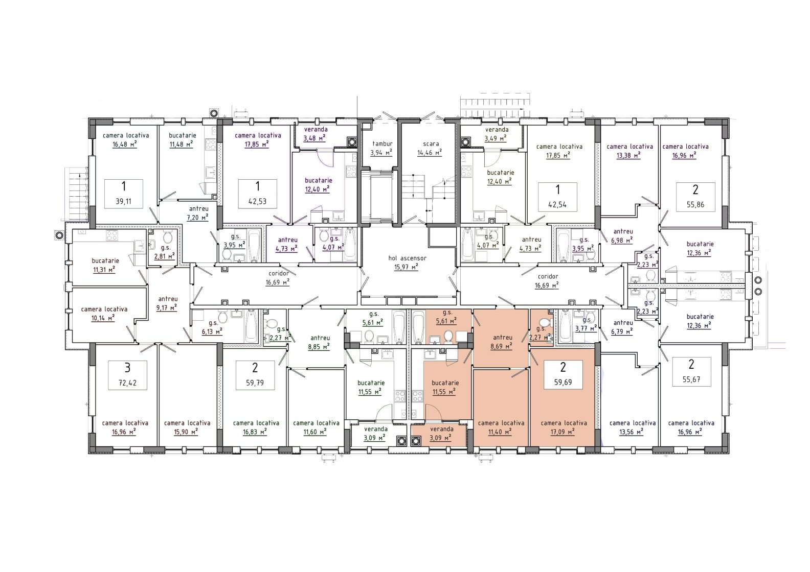 Amplasare pe etaj · 2 camere · 59.69 m²