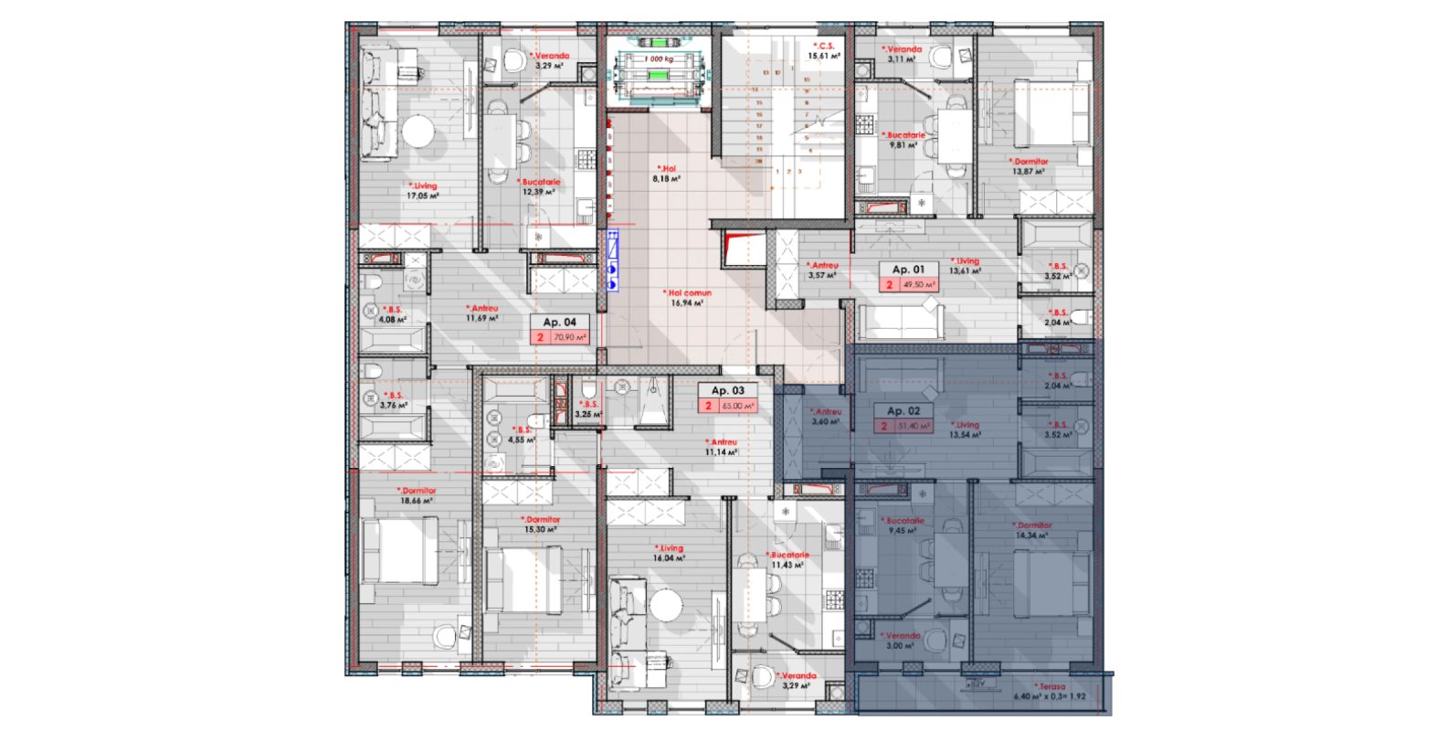 Amplasare pe etaj · 2 camere · 51.4 m²