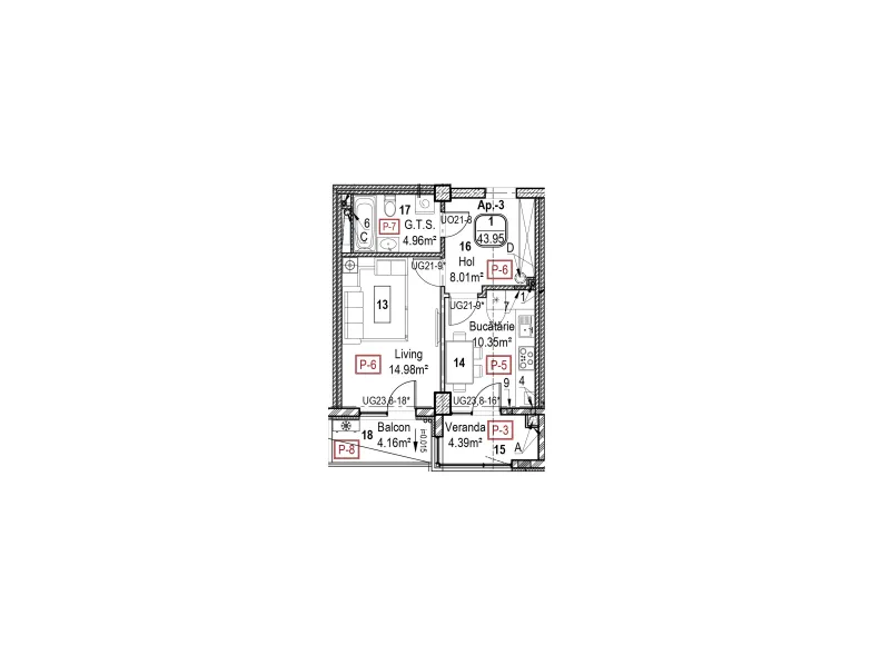 Planimetrie · 1 cameră · 43.95 m²