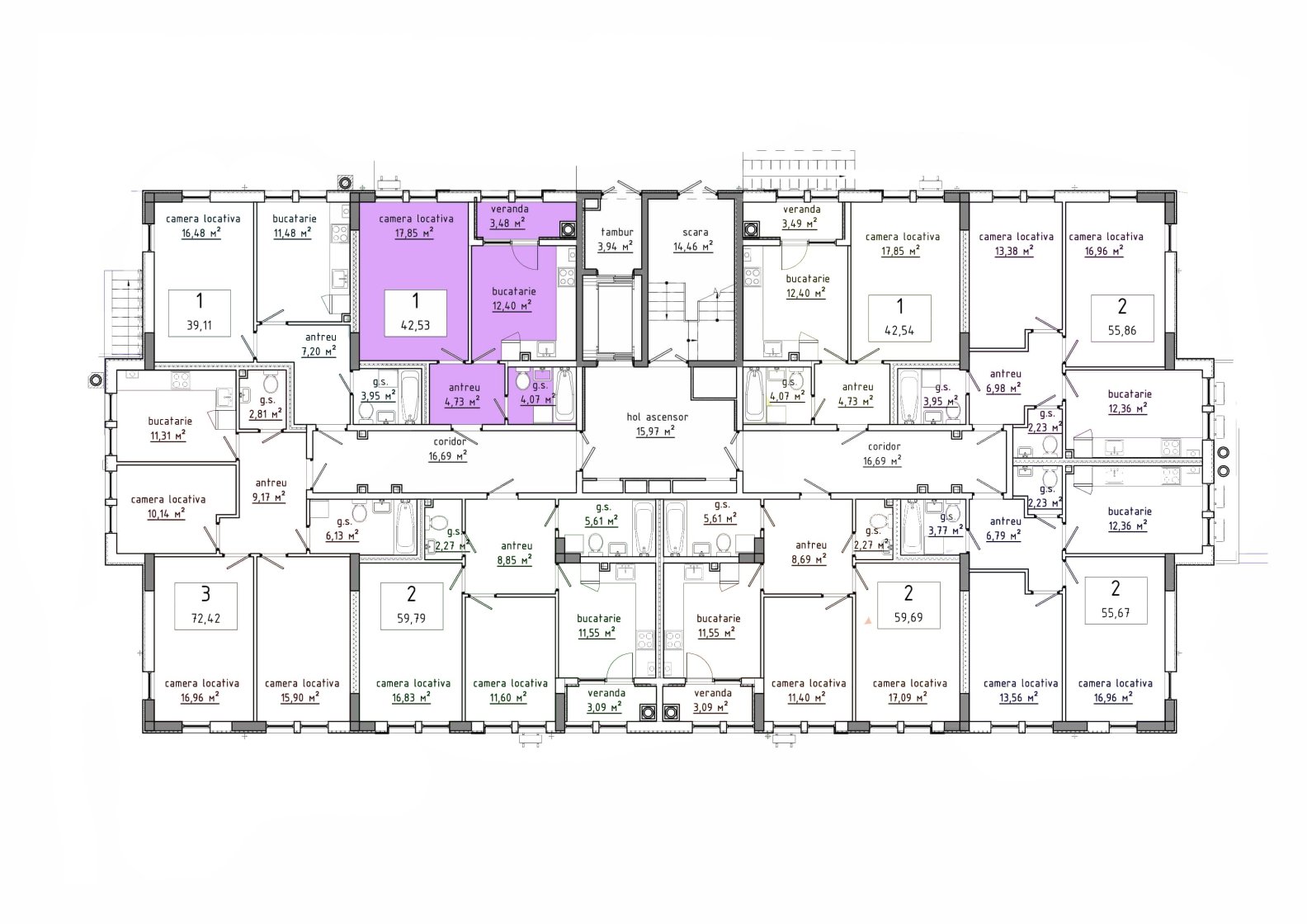 Amplasare pe etaj · 1 cameră · 42.53 m²