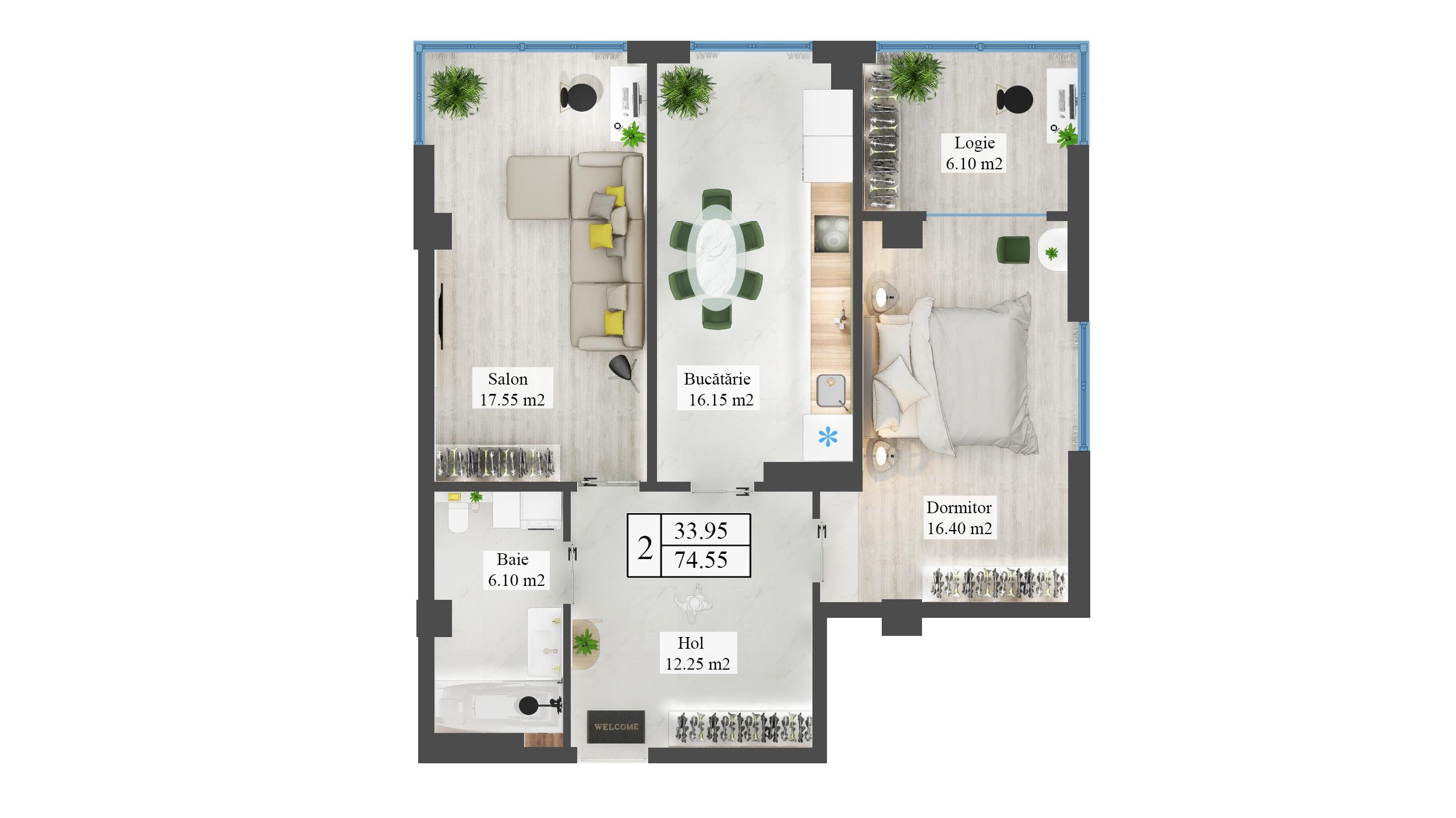 Apartamente 74.55 m²