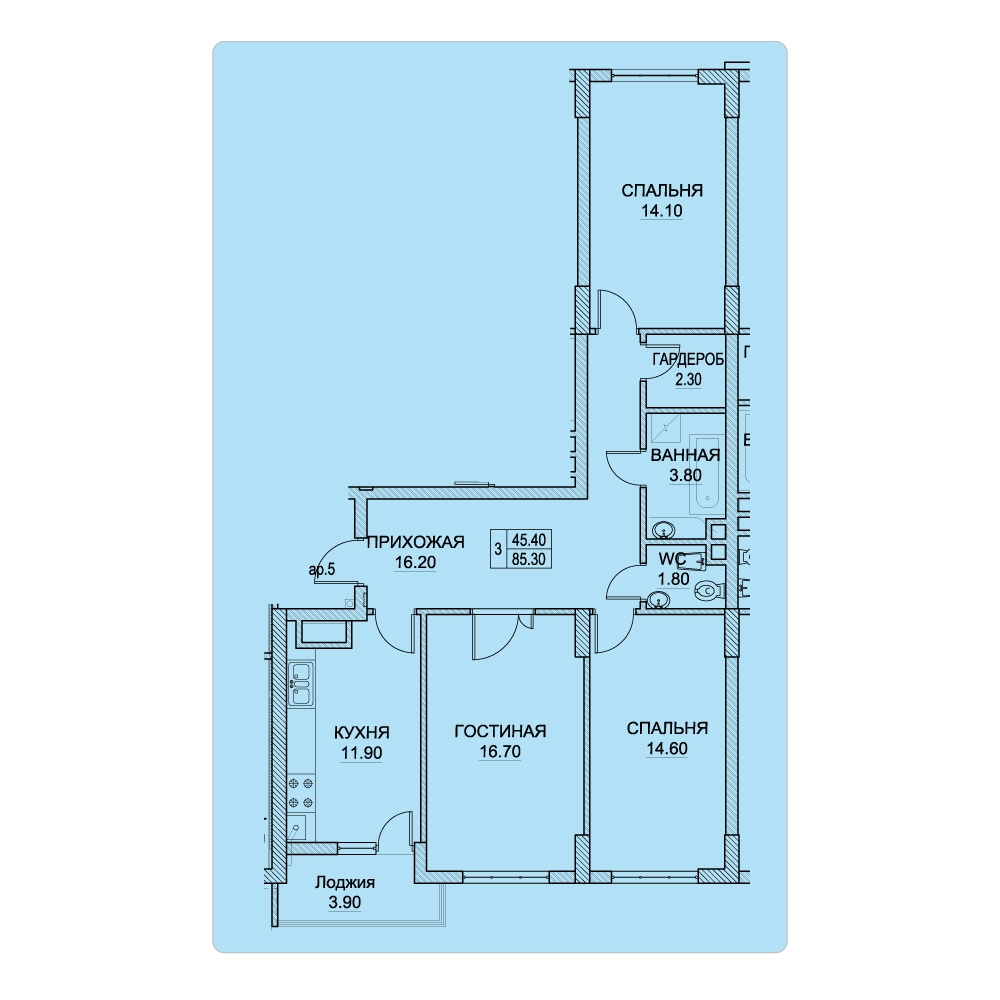 3 camere 85.6 m²