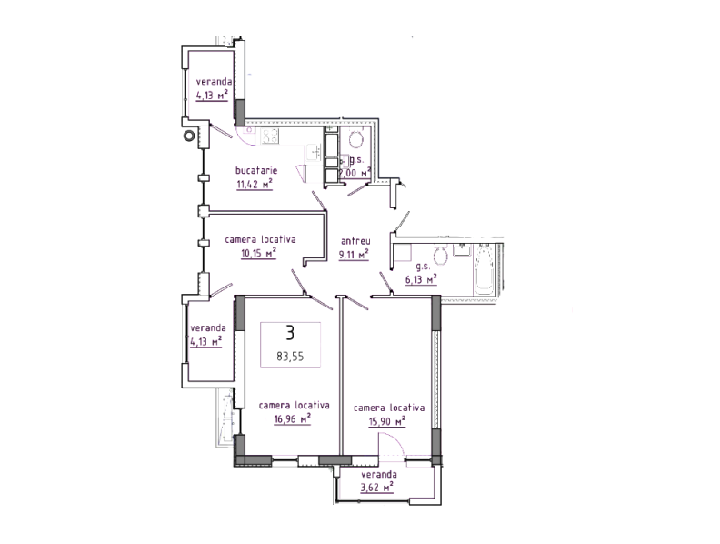 3 camere 83.55 m²