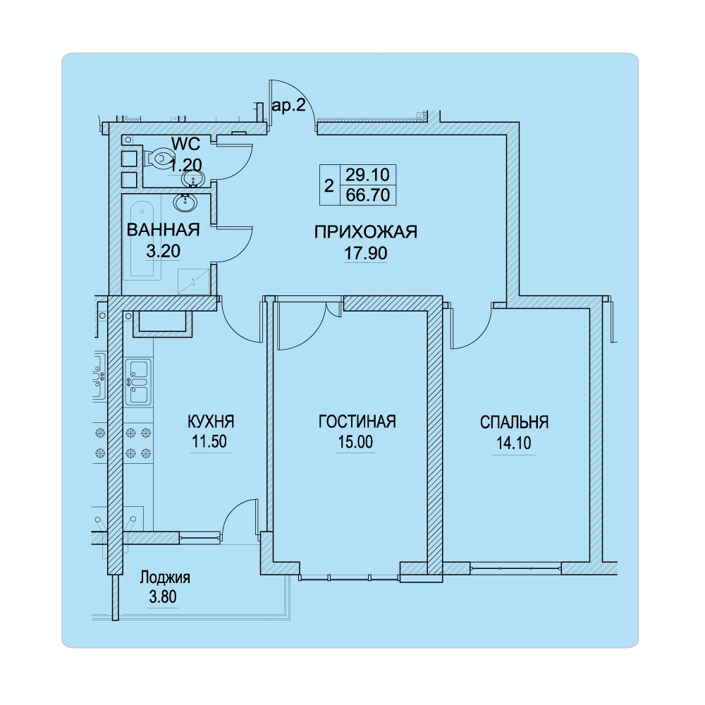 2 camere 66.7 m²