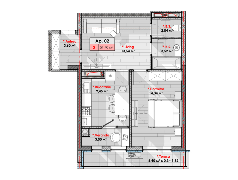 2 camere 51.4 m²
