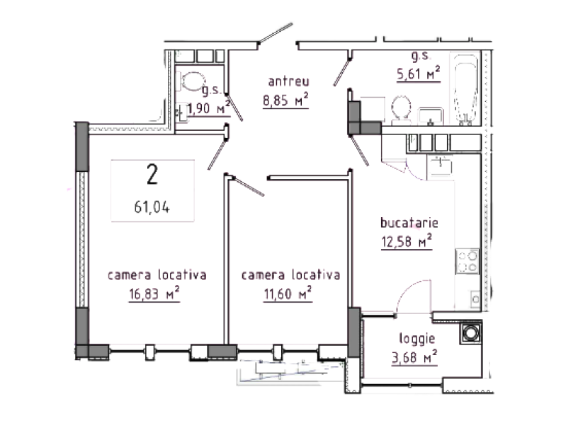 Planimetrie · 2 camere · 61.04 m²