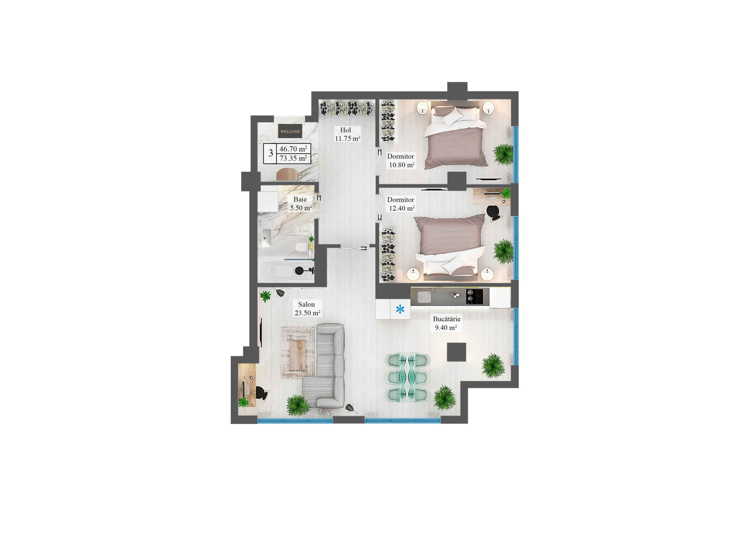 Apartamente 73.35 m²