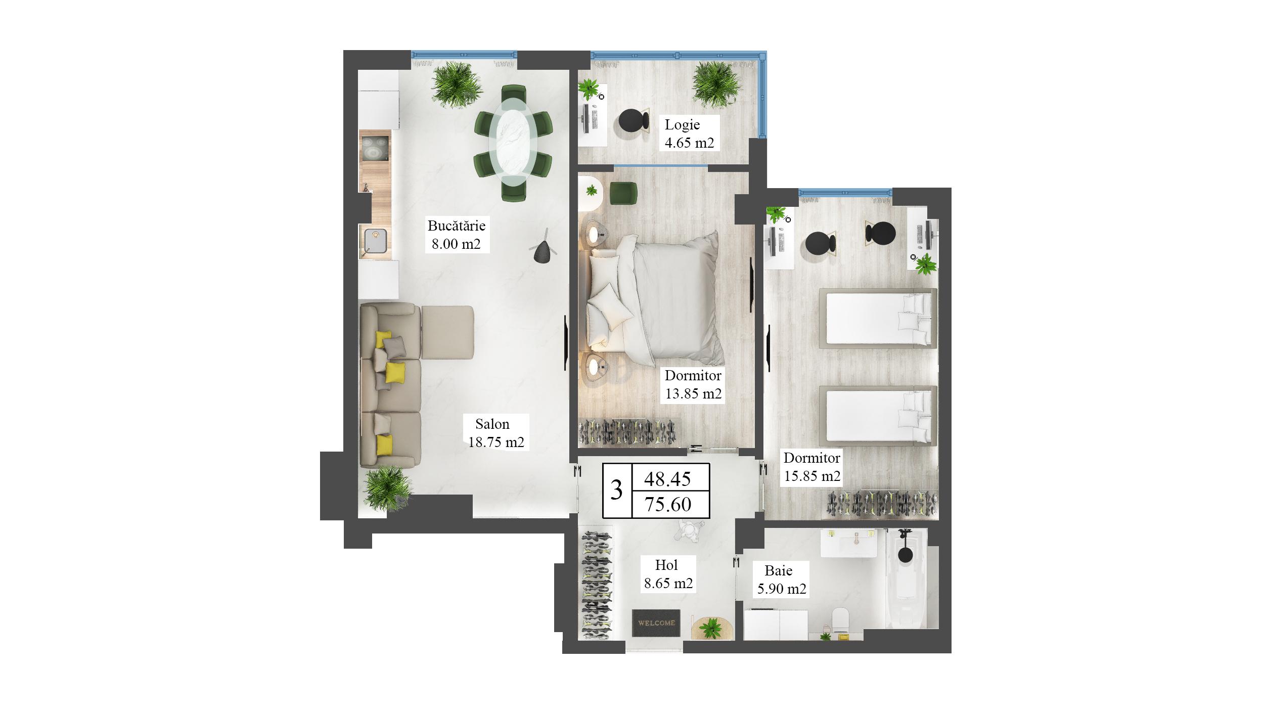 Apartamente 75.6 m²