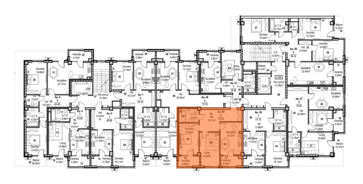 Amplasare pe etaj · 2 camere · 73.94 m²