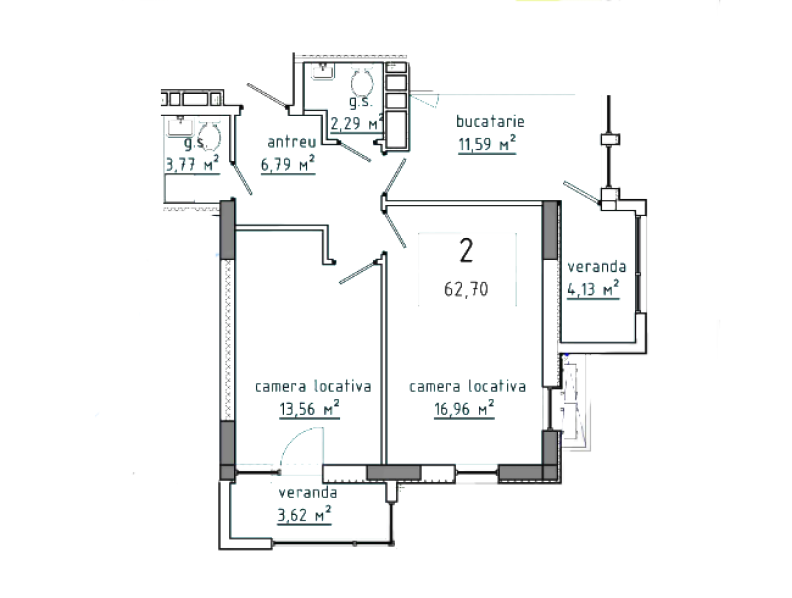 Planimetrie · 2 camere · 62.7 m²