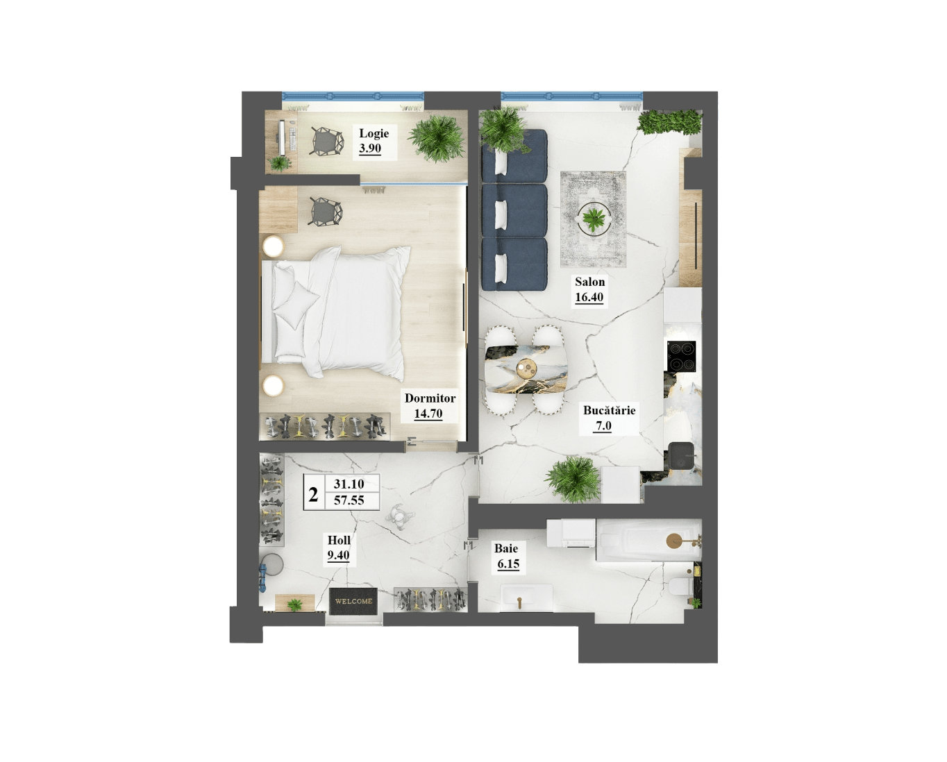 Planimetrie · Apartamente · 57.55 m²