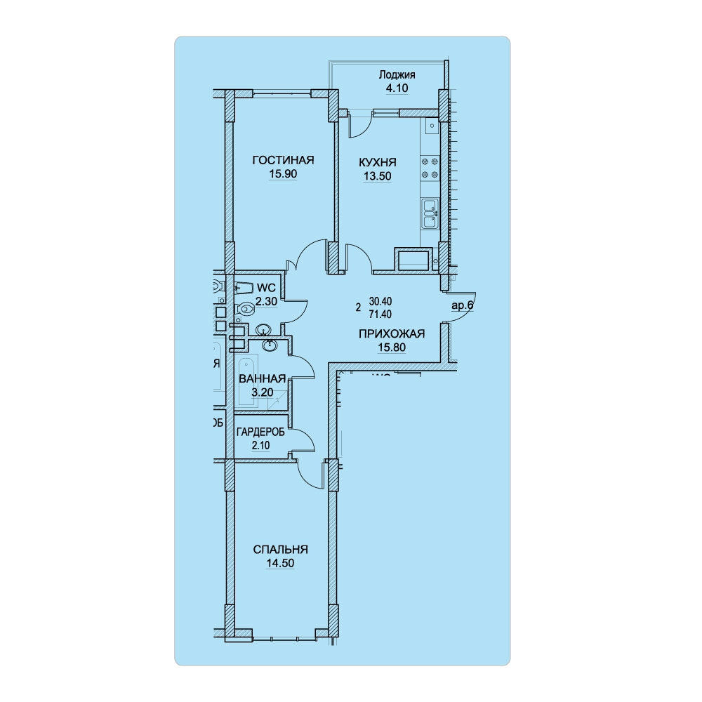 2 camere 71.4 m²