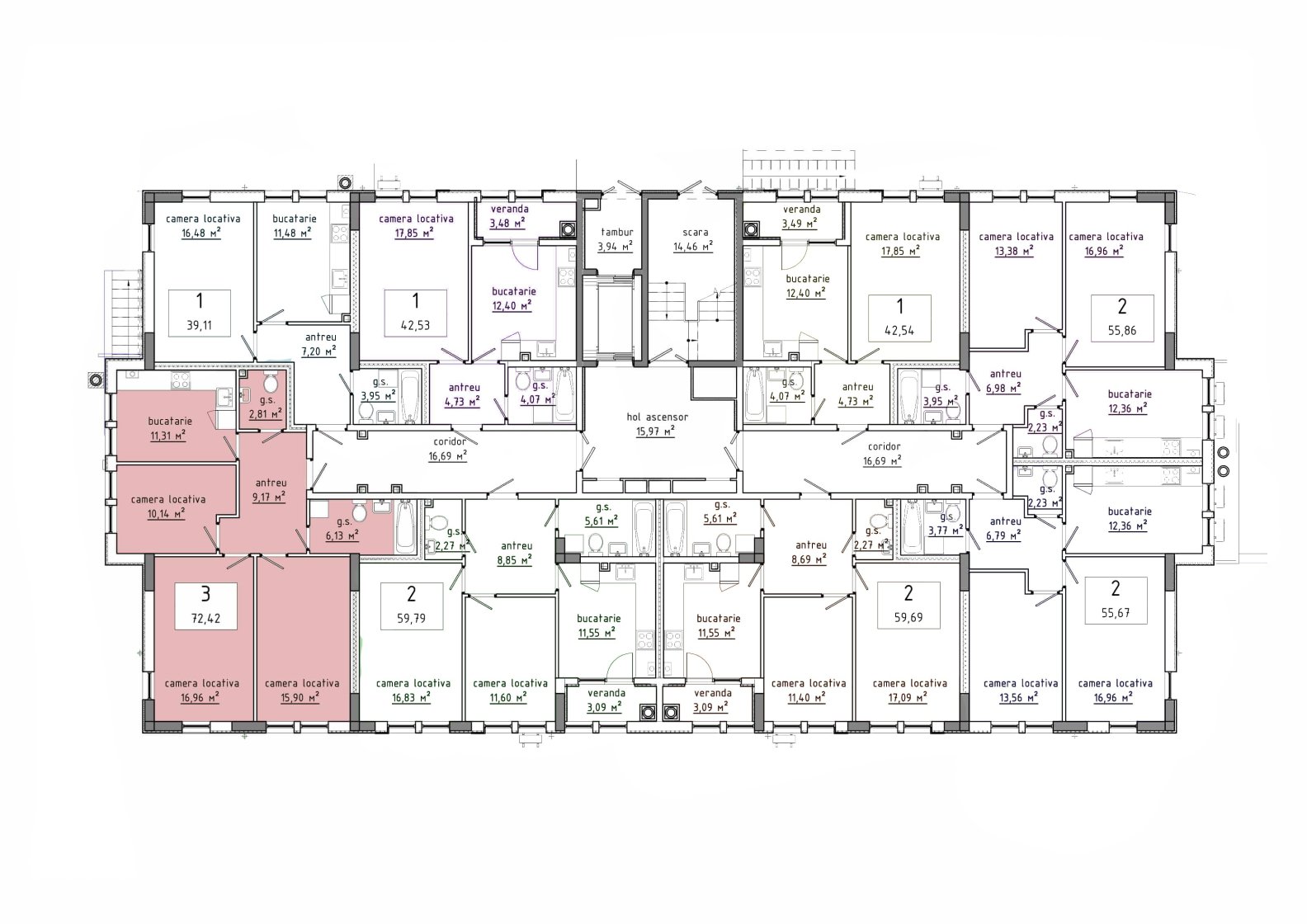 Amplasare pe etaj · 3 camere · 72.42 m²