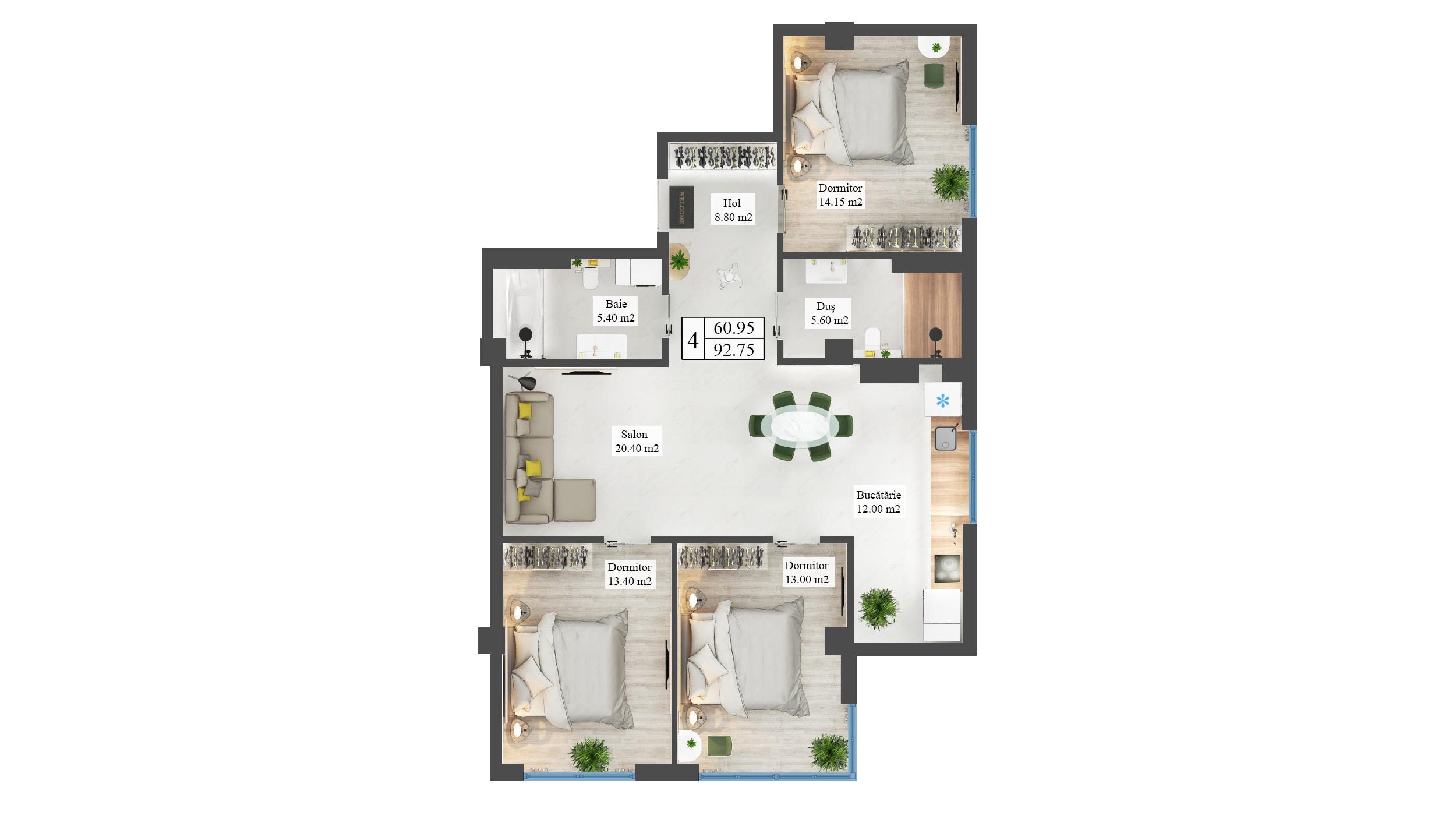 Apartamente 92.75 m²