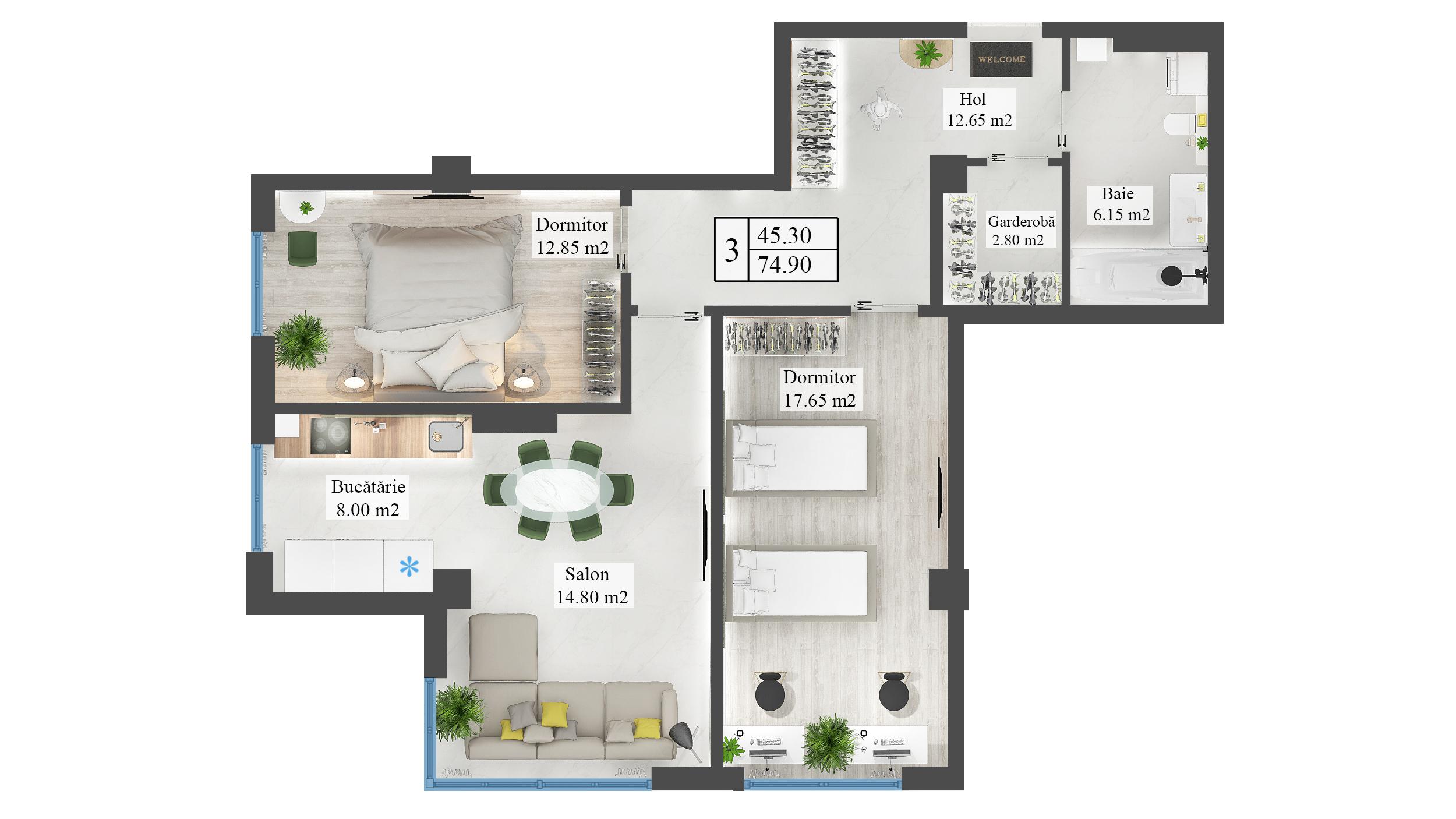 Planimetrie · Apartamente · 74.9 m²
