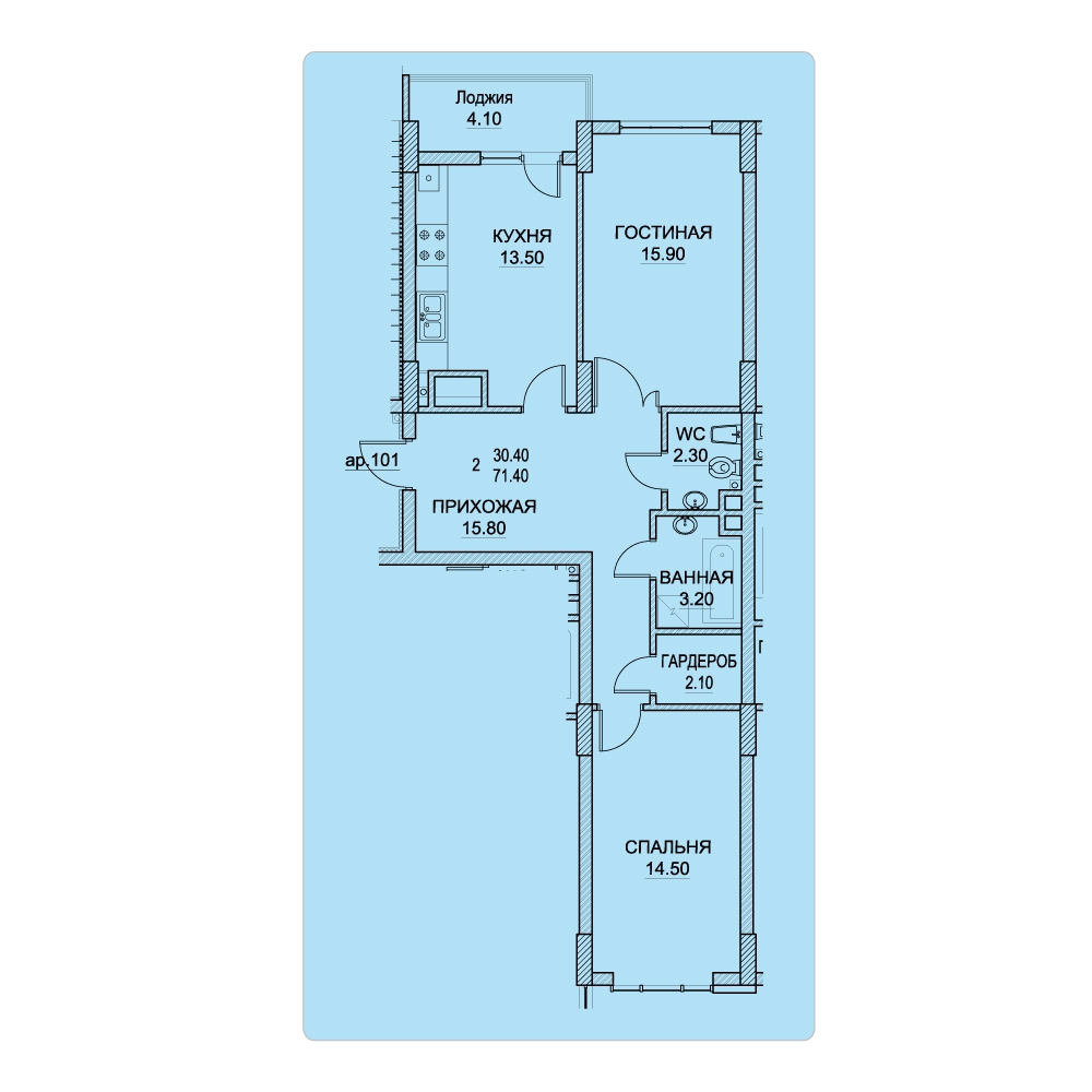 2 camere 77.4 m²