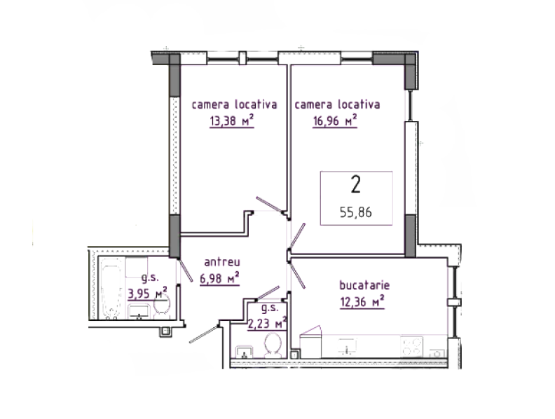 2 camere 55.86 m²