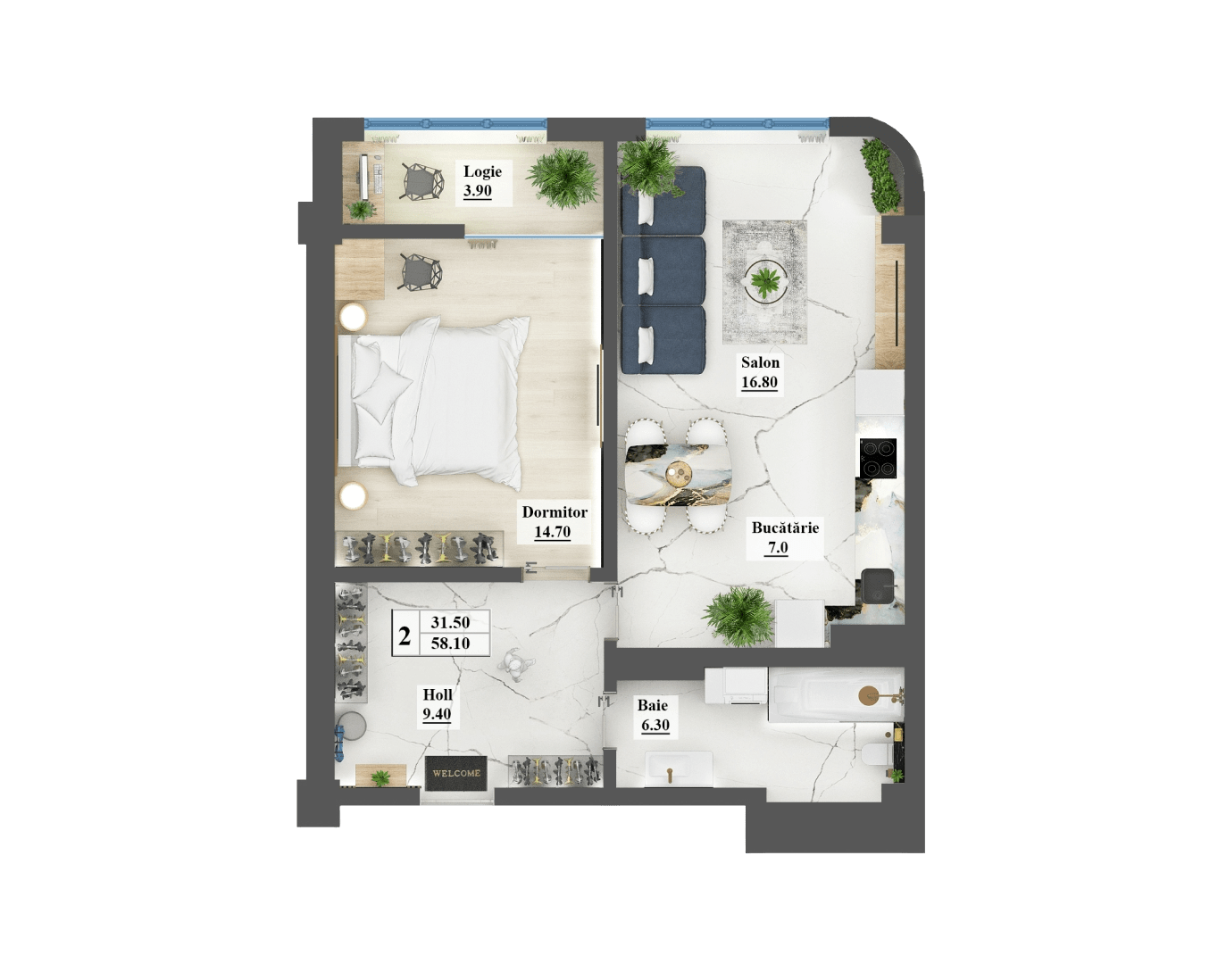 Planimetrie · Apartamente · 58.1 m²