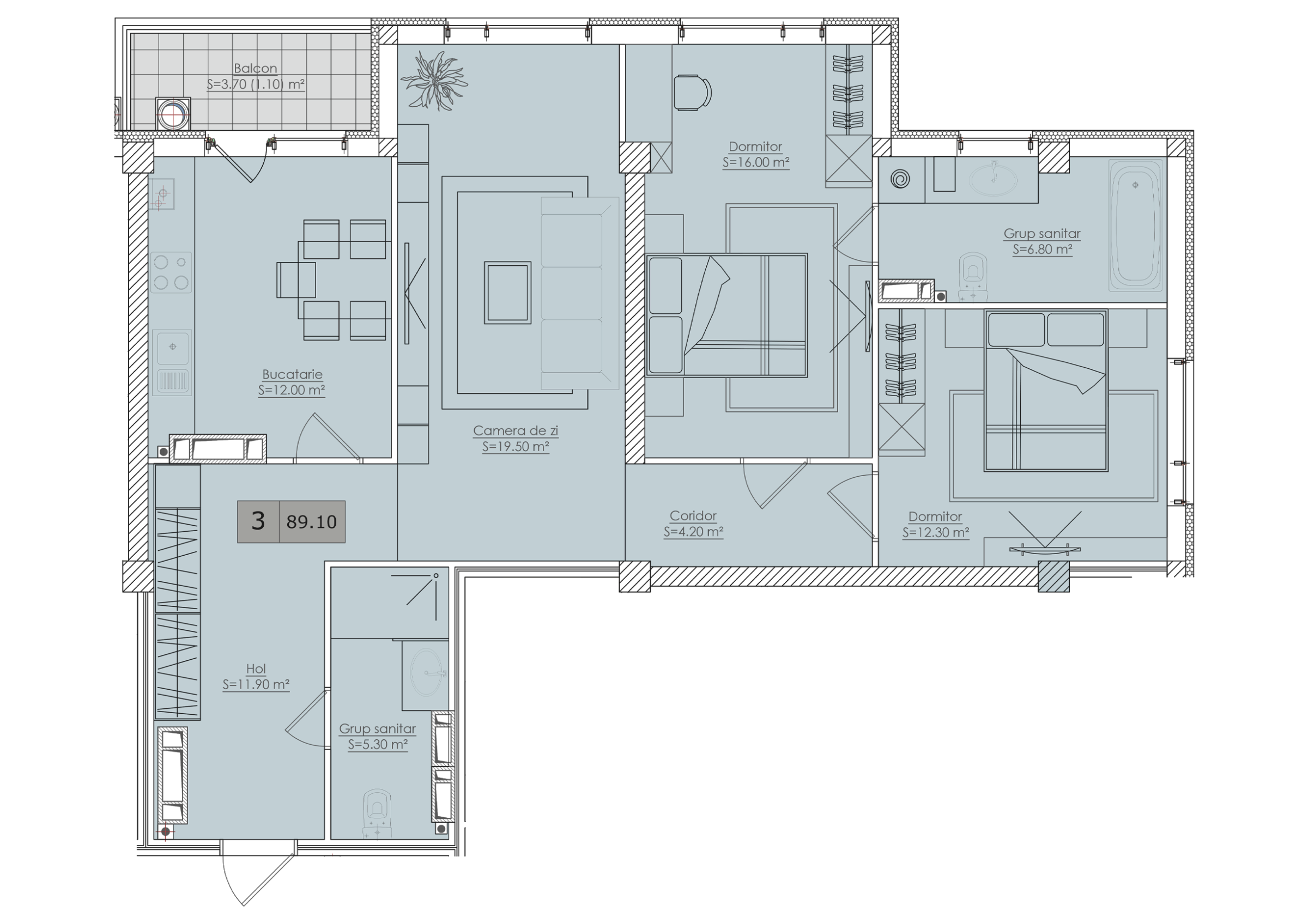 2 camere 90 m²
